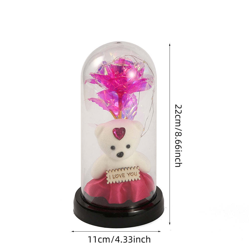 Simulation Romantique Rose Éternelle Fleur Ours Couvercle En Verre Led Veilleuse - maplunelampefr