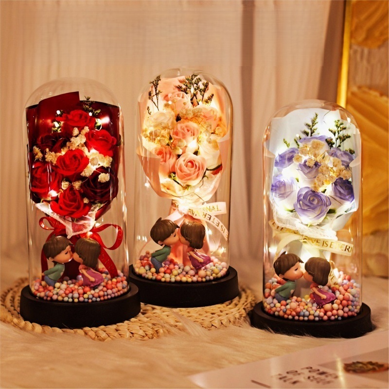 Cloche En Verre Contenant Une Rose Préservée - Figurine Décorative Lumineuse Led Pour Couple, Cadeau De Saint-valentin - MapLunelampeFr