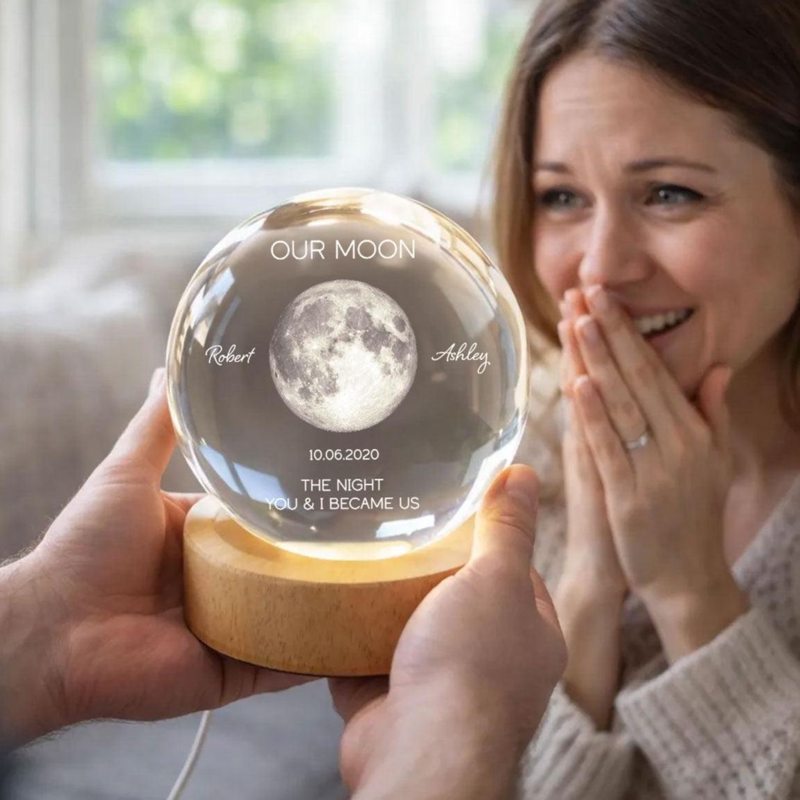 Veilleuse Personnalisée En Boule De Cristal De Phase De Lune - Cadeau De Date Personnalisé Pour Maman Et Elle - Souvenir Unique Pour La Fête Des Mères, Un Anniversaire Ou Un Anniversaire - MapLunelampeFr