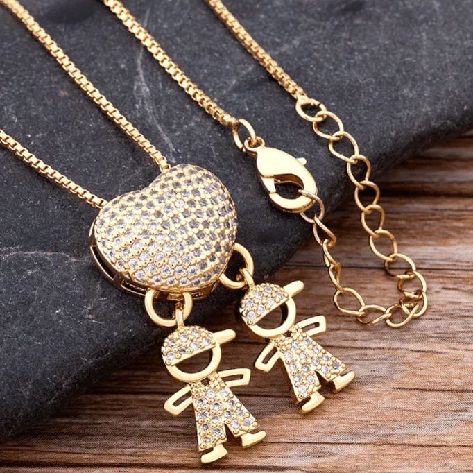 Collier Pendentif Cœur En Zircon Personnalisé Avec Breloques Garçon Et Fille – Bijou Familial Sur Mesure, Cadeau Pour Maman Et Papa, Fête Des Mères Et Fête Des Pères - MapLunelampeFr