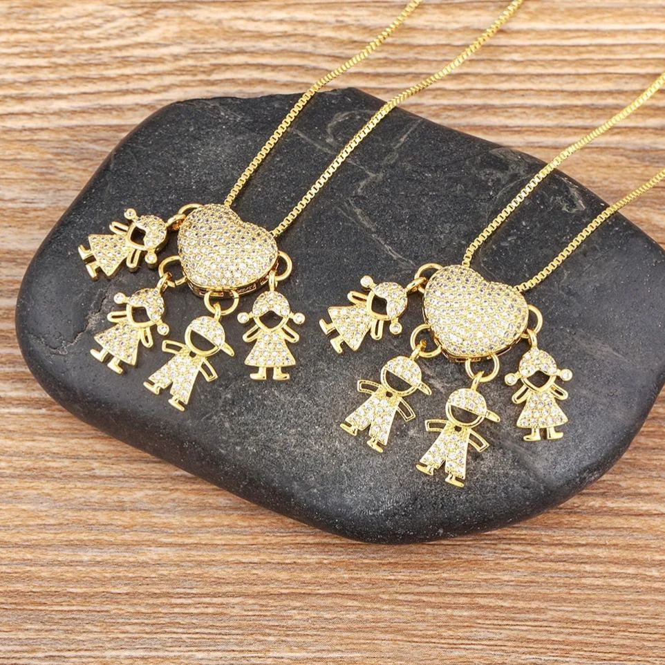 Collier Pendentif Cœur En Zircon Personnalisé Avec Breloques Garçon Et Fille – Bijou Familial Sur Mesure, Cadeau Pour Maman Et Papa, Fête Des Mères Et Fête Des Pères - MapLunelampeFr