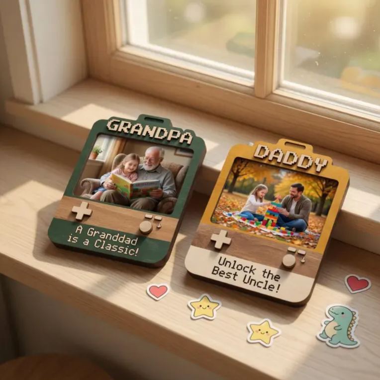 Aimant de cadre de jeu photo personnalisé pour papa, cadeau personnalisé pour la fête des pères, console de jeu rétro, aimant photo 2D, souvenir en bois et en acrylique pour papa, grand-père, papa - MapLunelampeFr