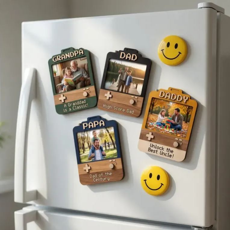 Aimant de cadre de jeu photo personnalisé pour papa, cadeau personnalisé pour la fête des pères, console de jeu rétro, aimant photo 2D, souvenir en bois et en acrylique pour papa, grand-père, papa - MapLunelampeFr