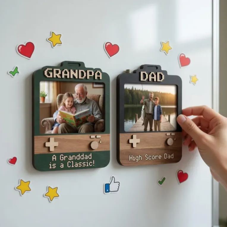 Aimant de cadre de jeu photo personnalisé pour papa, cadeau personnalisé pour la fête des pères, console de jeu rétro, aimant photo 2D, souvenir en bois et en acrylique pour papa, grand-père, papa - MapLunelampeFr
