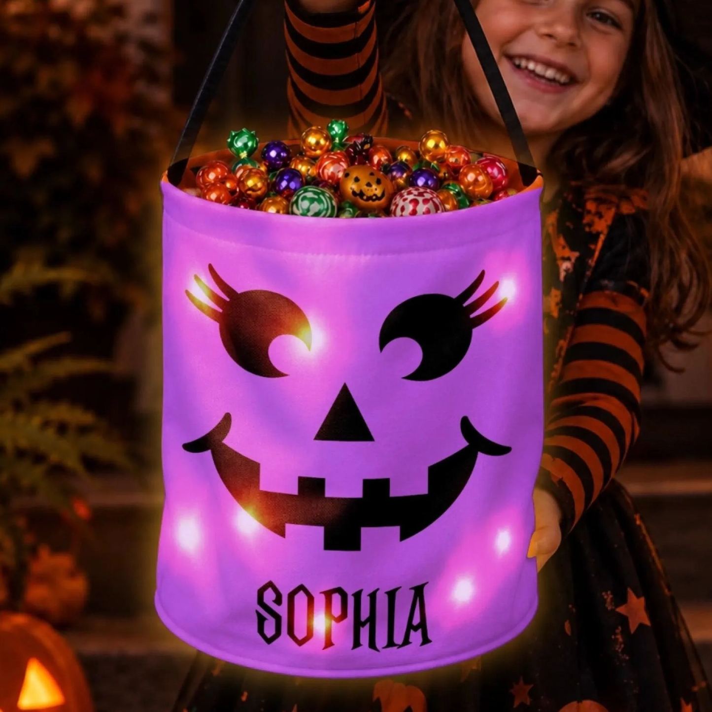 Sac Lumineux LED Personnalisé - Cadeaux D'Halloween Et D'anniversaire Personnalisés Pour Enfants - Sac à Friandises Lumineux Little Boo Energy Pour Enfants Et Pour La Chasse Aux Bonbons - MapLunelampeFr