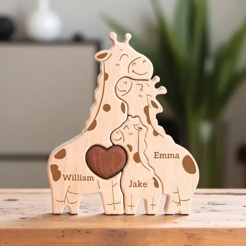 Puzzle Personnalisé Famille Girafe, Cadeau Fête Des Mères, Cadeau Pour Une Fête De Bébé En Famille, Cadeau Pour Une Famille De Quatre, Cadeaux Girafe, Décoration De Chambre D'enfant - MapLunelampeFr