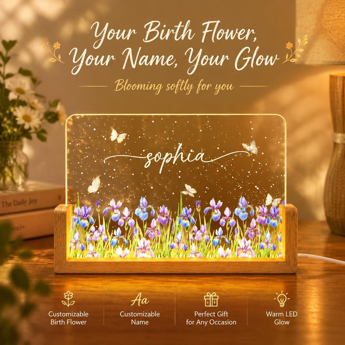 Mois De Naissance Fleur Aquarelle Blooming In Love - Veilleuse LED Acrylique Personnalisée - Cadeau Spécial Pour Les Amis, Les Amoureux, Les Membres De La Famille - MapLunelampeFr