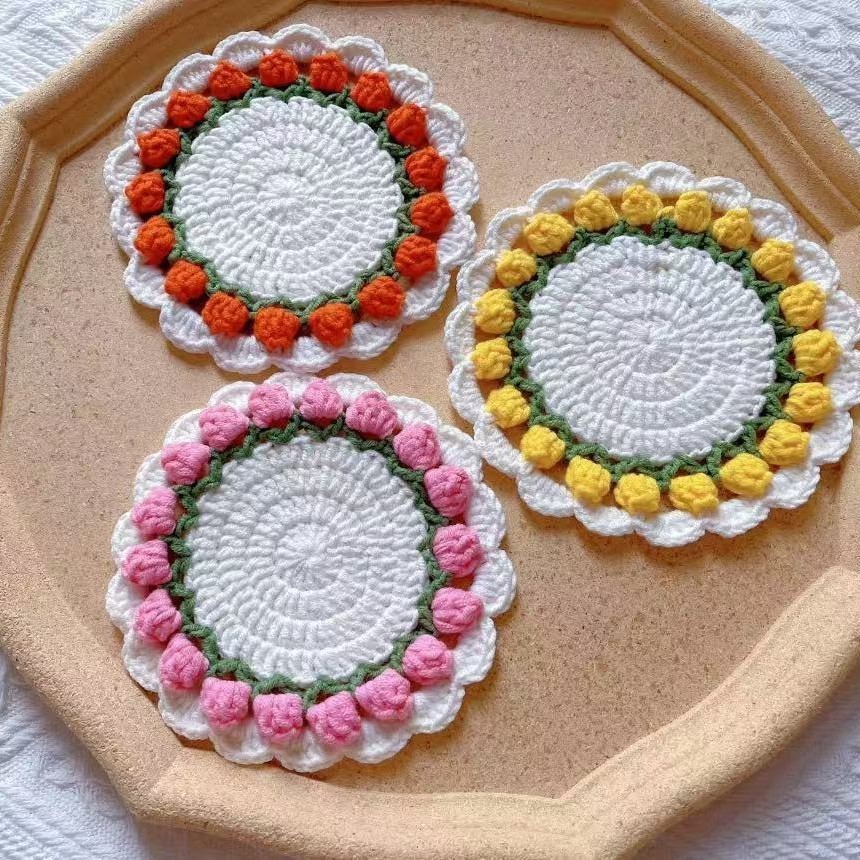 Mother's Day Gifts Handmade Crochet Tulip Coaster Set with Transformable Floral Design Eco-Friendly Home Decor - MyMoonLampUk