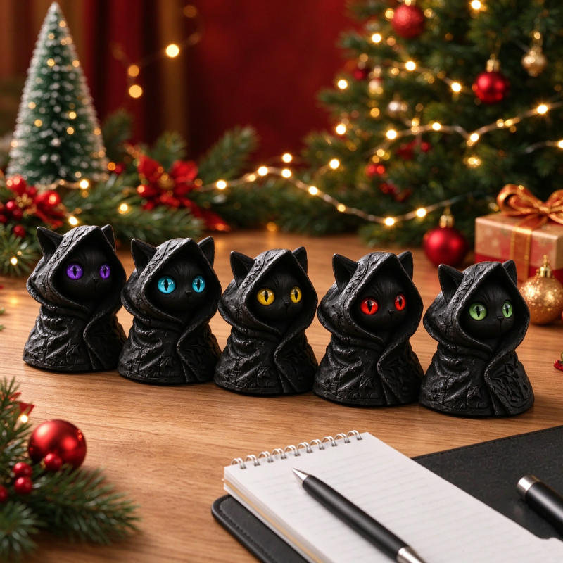 Mysterious Hooded Cat Figurine - Gothic Black Cat Statue, Fantasy Witchy Kitten Sculpture Home Decor, Perfect Gift for Cat Lovers Christmas Gift - MyMoonLampUk