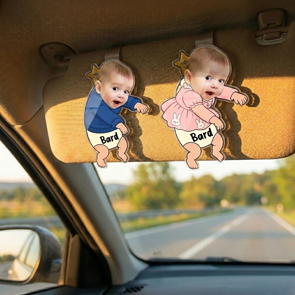Custom Baby Face Car Visor Clip - Funny Personalized Kids Photo Car Visor Clip - Name Gift for Family Decoration 2026 Fathers Day Gift - MyMoonLampUk