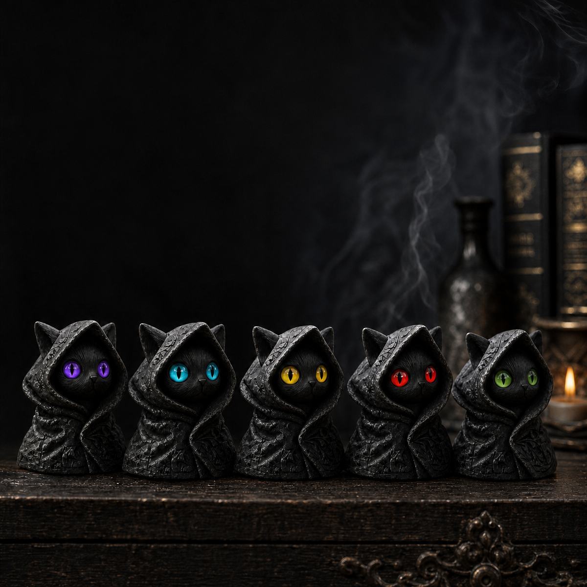 Mysterious Hooded Cat Figurine - Gothic Black Cat Statue, Fantasy Witchy Kitten Sculpture Home Decor, Perfect Gift for Cat Lovers - MyMoonLampUk
