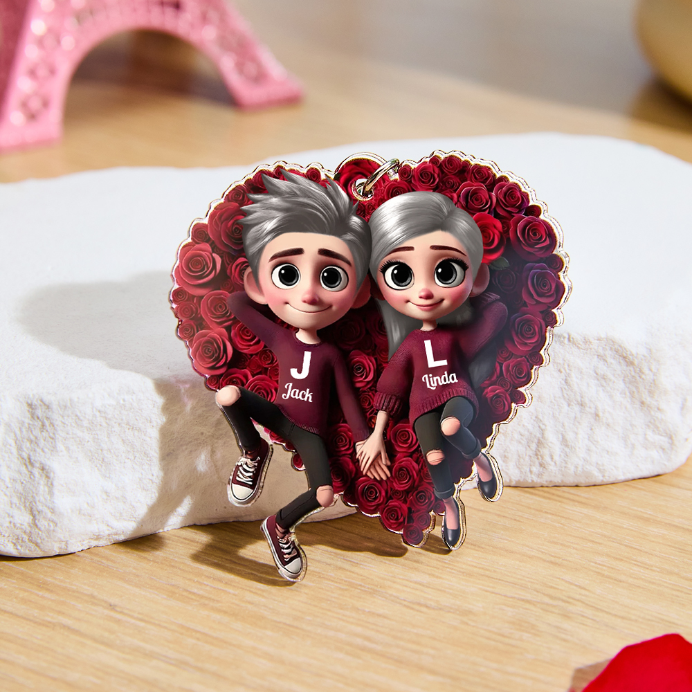 Romantic Rose Heart Couple Keychain - Personalized Valentine's Day Gift