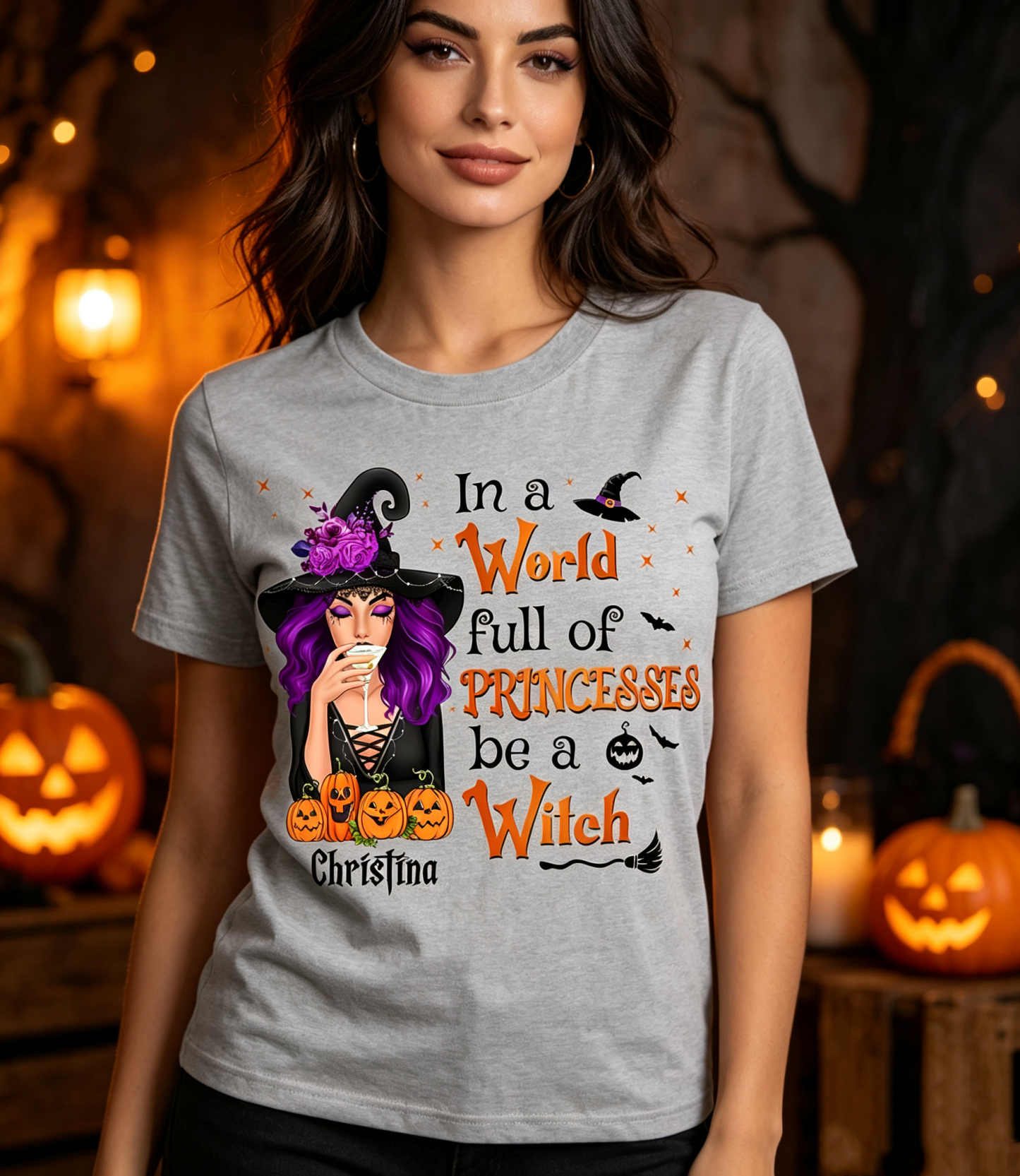 Personalized "In a World Full of Princesses, Be a Witch" Halloween T-Shirt – Unisex Spooky Graphic Tee, Funny Halloween Gift for Women & Men - MyMoonLampUk