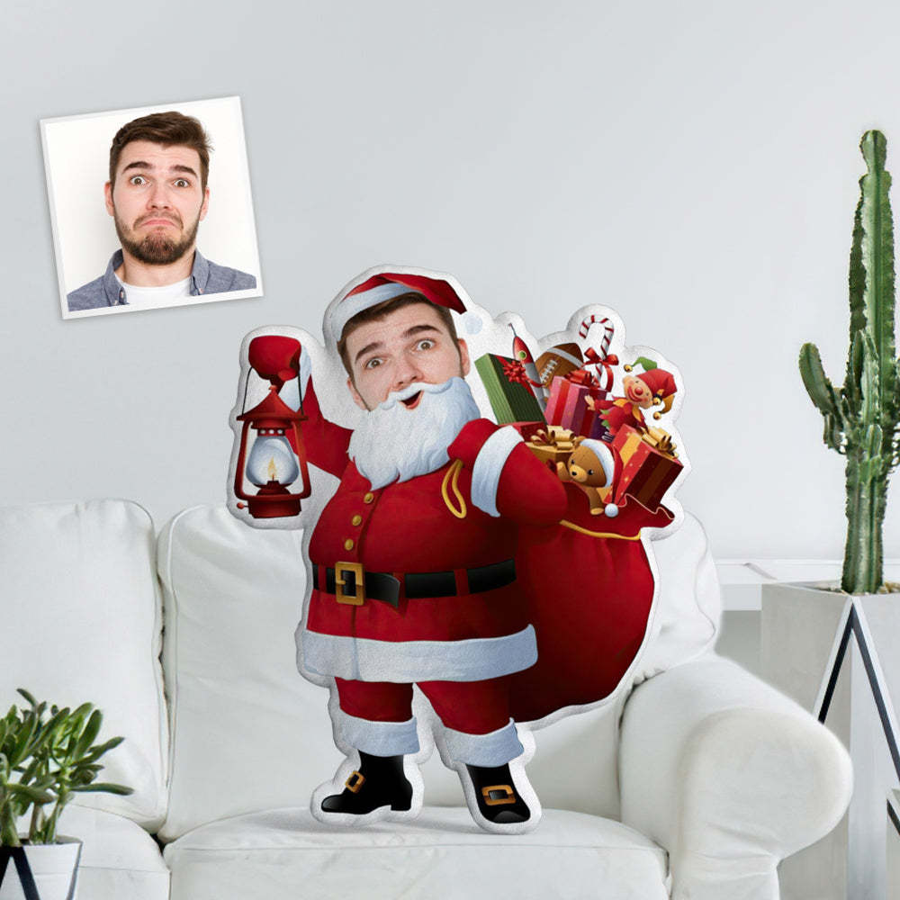 Personalised Face Photo Doll Santa Minime Throw Pillow Custom Santa With A Lot Of Gifts Throw Pillow Holding A Light And Giving A Gift - mymoonlampuk