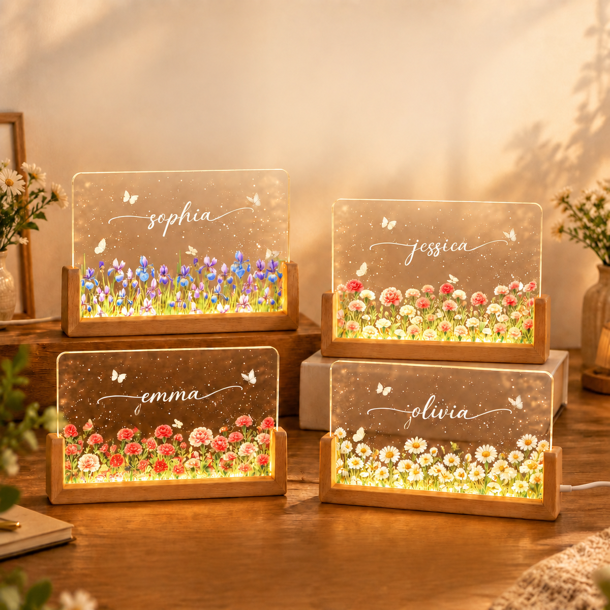 Birth Month Flower Watercolor Blooming In Love - Personalized Acrylic LED Night Light - Special Gift For Friends, Lovers, Family Members - MyMoonLampUk