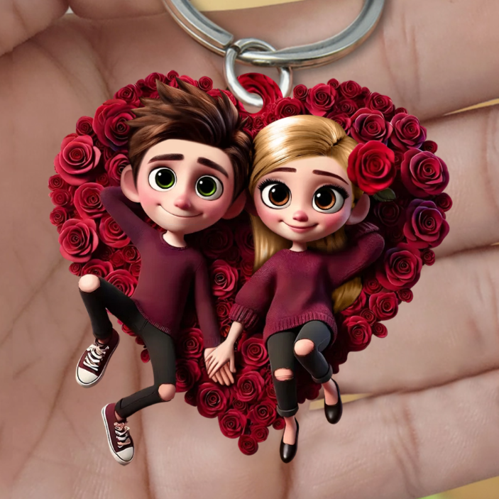 Romantic Rose Heart Couple Keychain - Personalized Valentine's Day Gift