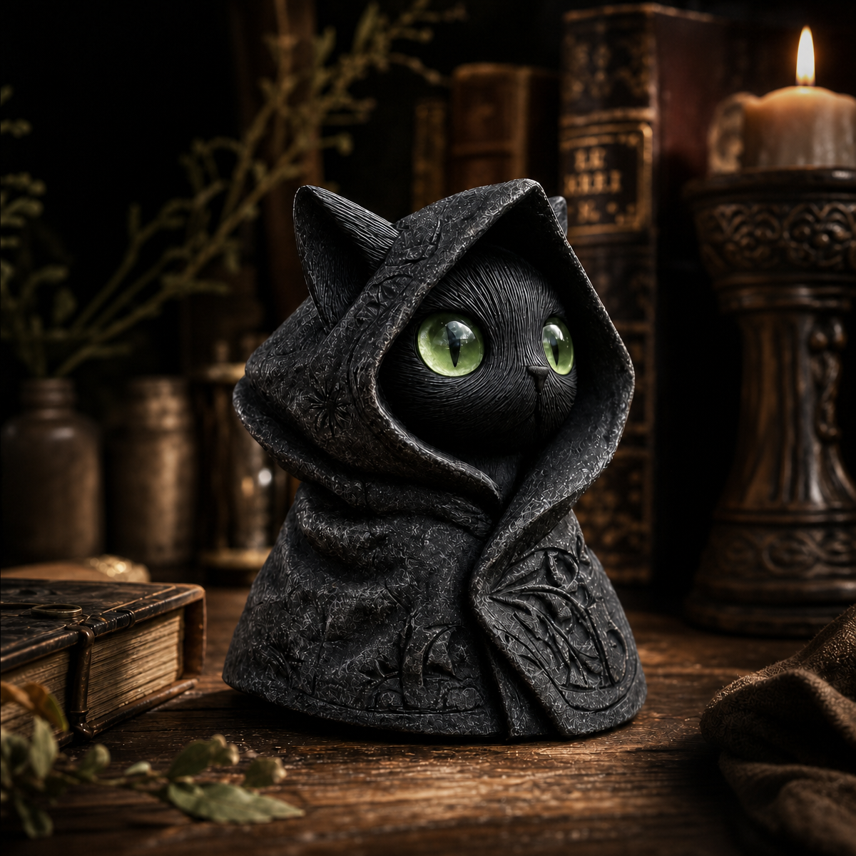 Mysterious Hooded Cat Figurine - Gothic Black Cat Statue, Fantasy Witchy Kitten Sculpture Home Decor, Perfect Gift for Cat Lovers - MyMoonLampUk