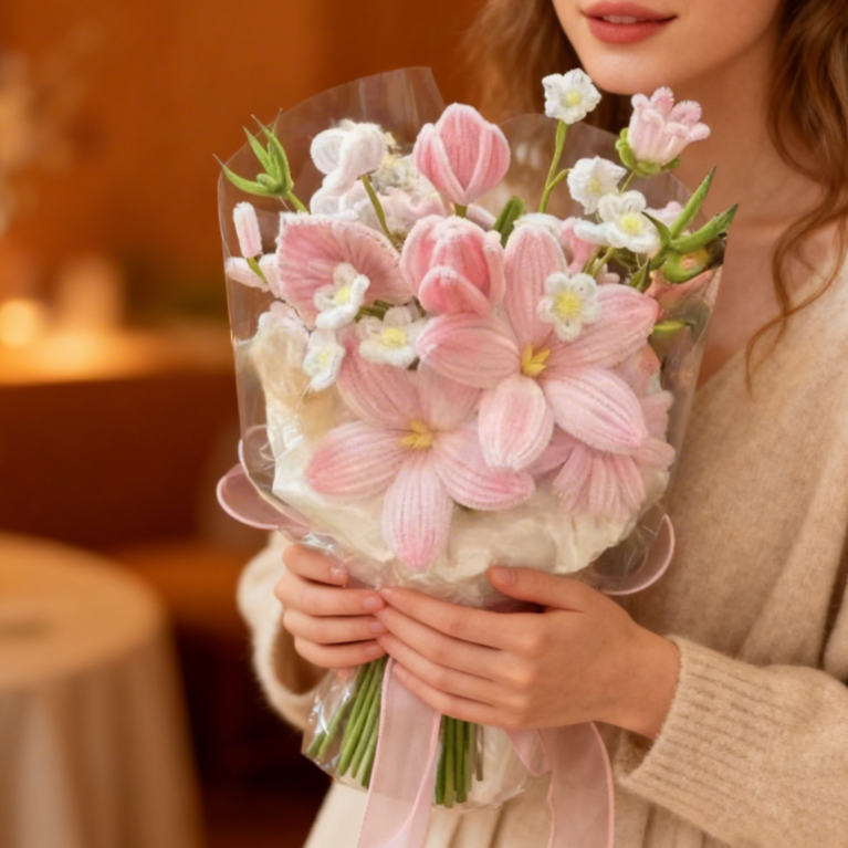 Handmade Crochet Flower Bouquet, Everlasting Twist Stem Flowers, Mother’s Day Gift for Mum, Birthday & Graduation Gift for Sister, Friend or Girlfriend