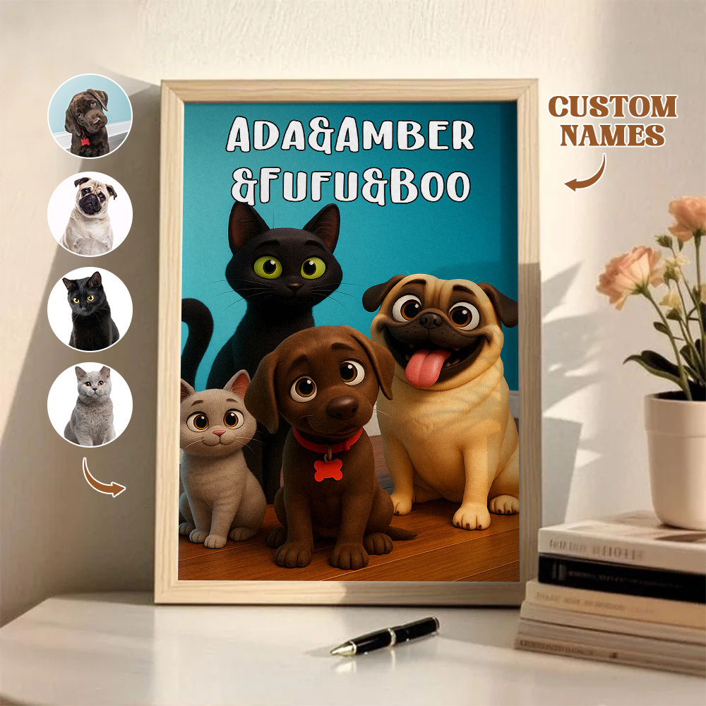Custom Pets Photo Cartoon Wooden Frame Decorations Cute Pet Decor Plaque Gifts 3 PETS - MyMoonLampUk