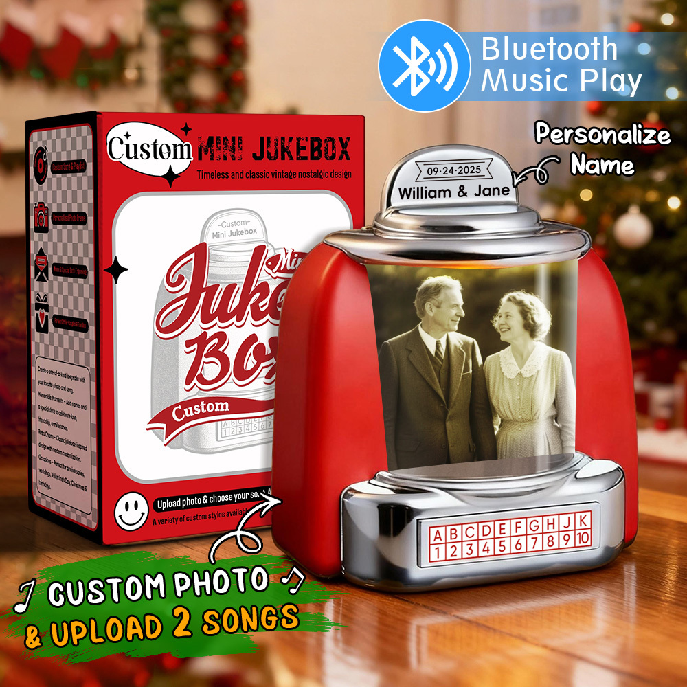 Custom Mini Jukebox Retro Speaker - Personalized Photo & 2 Songs Mini Player with Radio | Vintage Tabletop Home Decor Nostalgic Gift - MyMoonLampUk