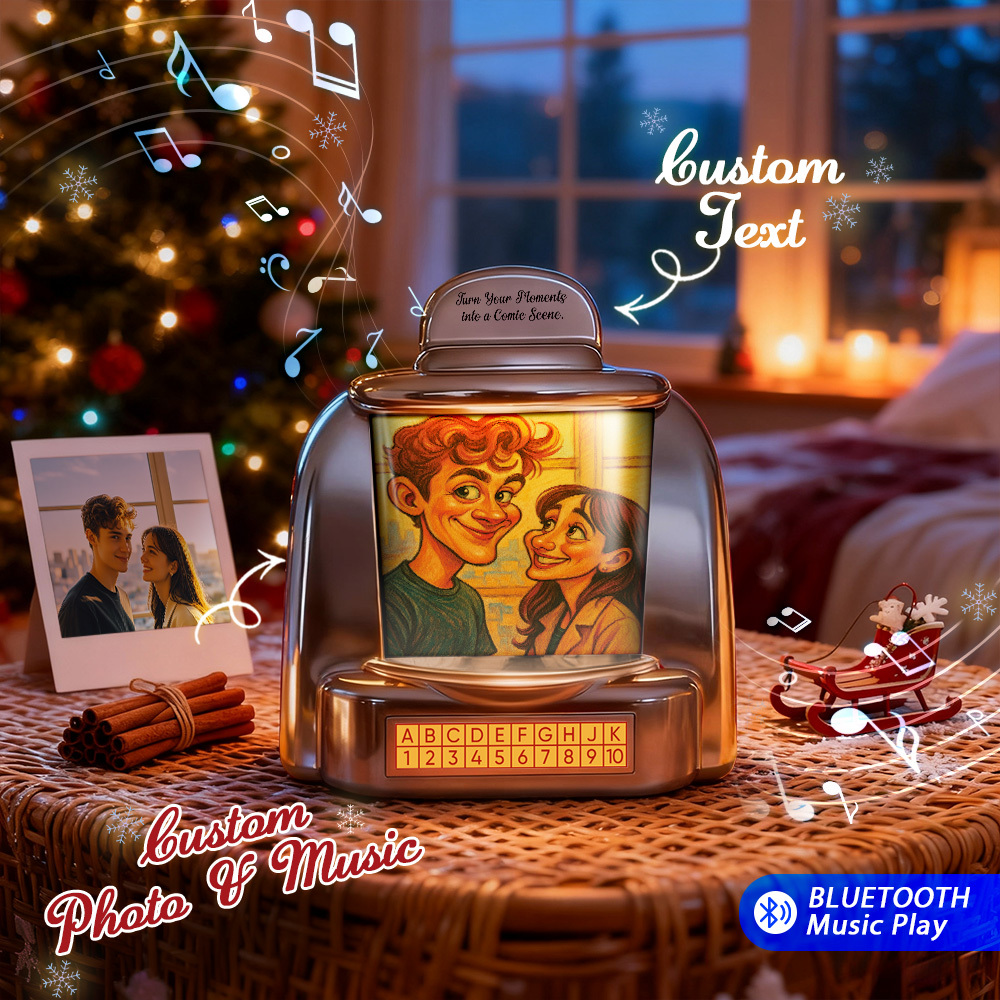 Custom Mini Jukebox Retro Speaker - Personalized Retro Comic Style Photo Music Mini Player with Radio | Vintage Tabletop Home Decor Nostalgic Christmas Retro Gifts - MyMoonLampUk