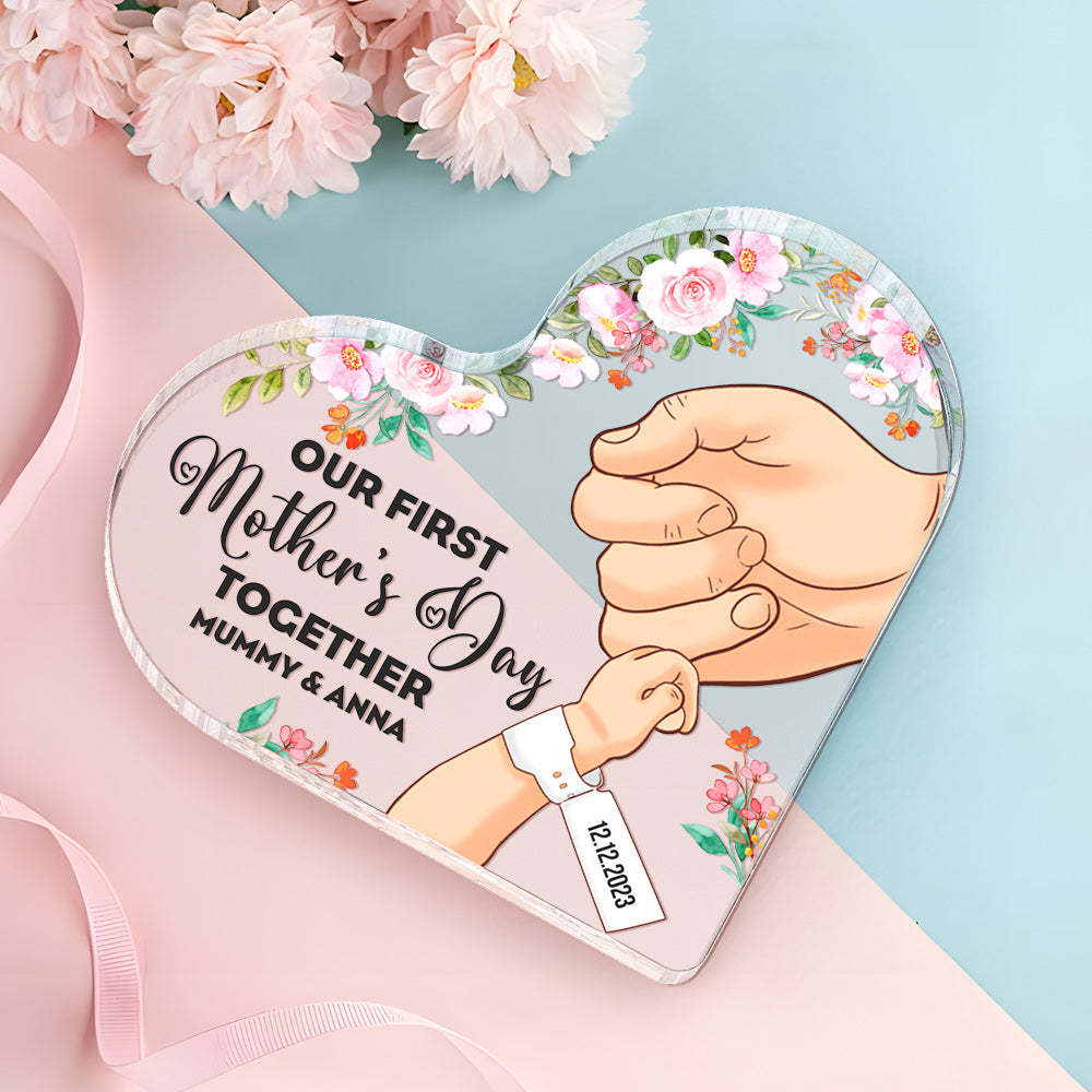 Custom Heart Shaped Acrylic Plaque Keepsake Personalized Name and Date Our First Mother's Day Together - mymoonlampuk