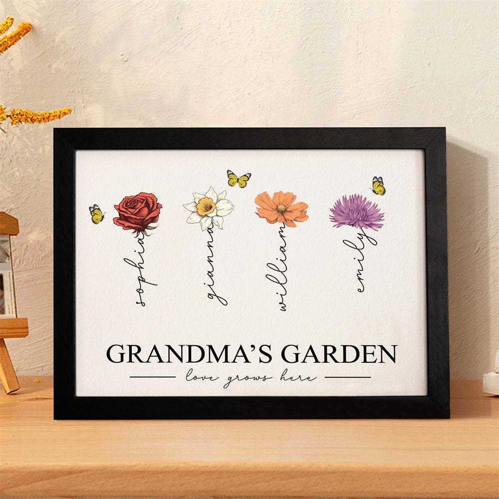 Custom Birth Month Flowers Garden With Grandkids Names Love Grows Here Personalized Wooden Photo Frame Mother's Day Gift