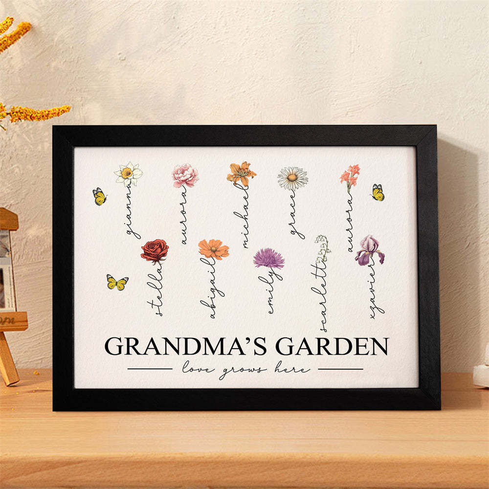 Custom Birth Month Flowers Garden With Grandkids Names Love Grows Here Personalized Wooden Photo Frame Mother's Day Gift
