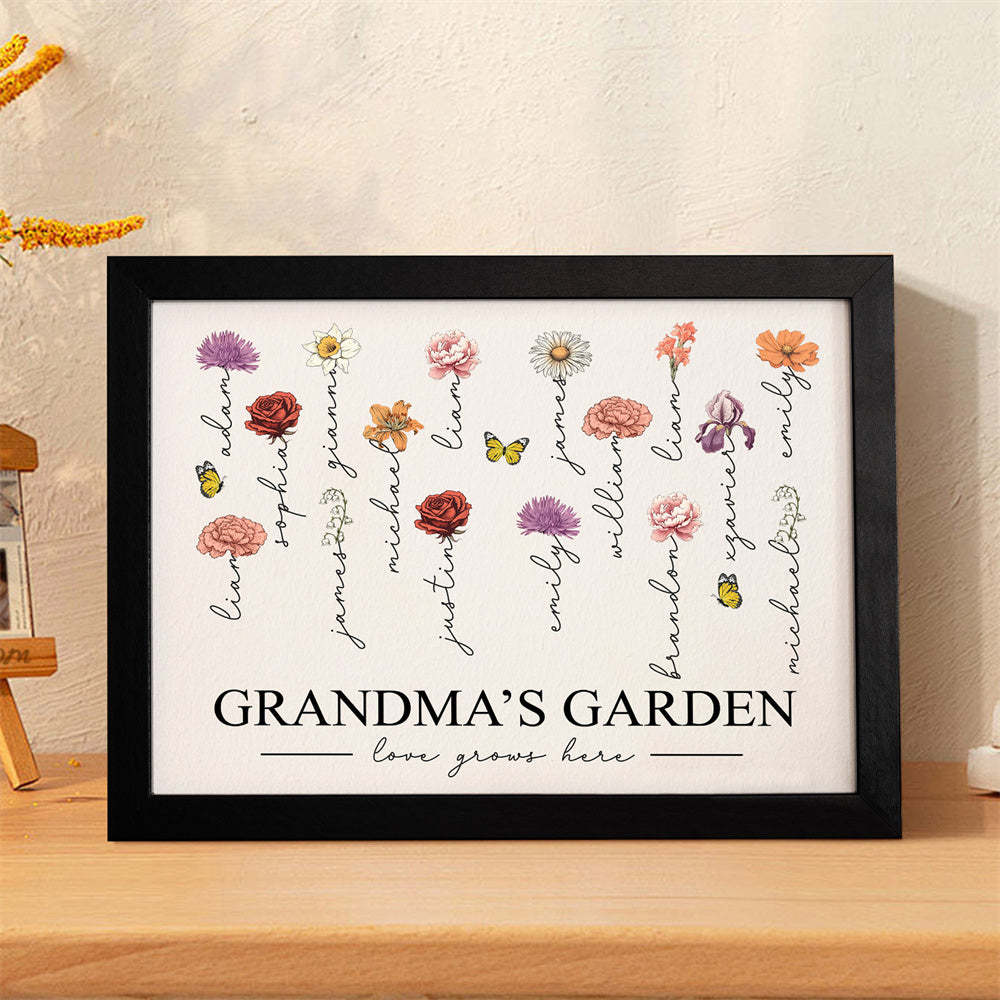 Custom Birth Month Flowers Garden With Grandkids Names Love Grows Here Personalized Wooden Photo Frame Mother's Day Gift