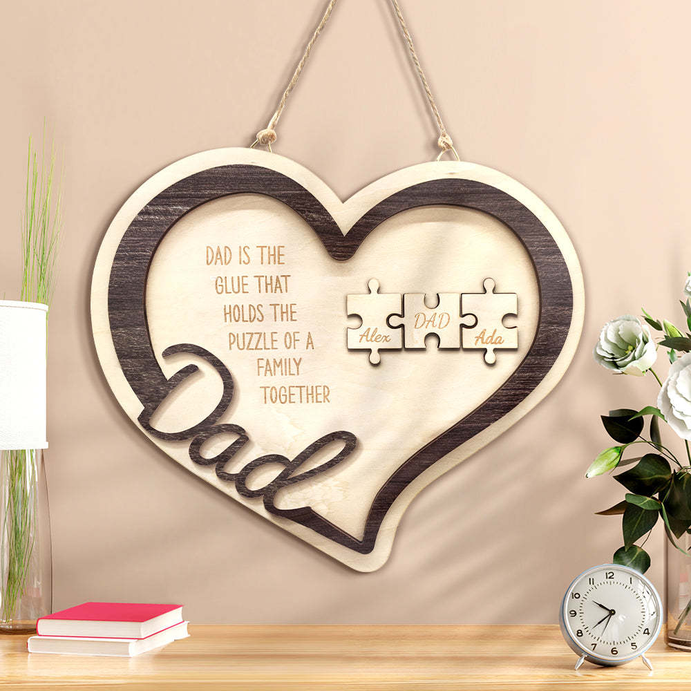 Personalized Wooden Heart Puzzle Sign Father's Day Gift for Dad - photomoonlamp