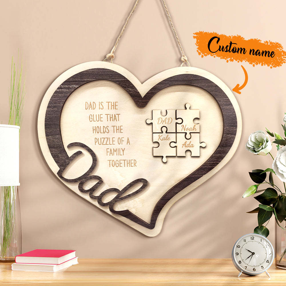 Personalized Wooden Heart Puzzle Sign Father's Day Gift for Dad - photomoonlamp