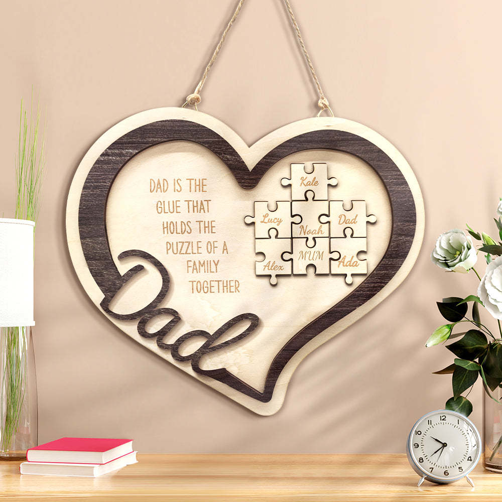 Personalized Wooden Heart Puzzle Sign Father's Day Gift for Dad - photomoonlamp