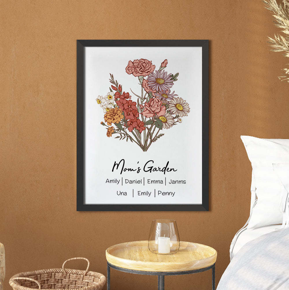 Personalized Birth flower Bouquet Black Names Frame Gift for mum - mymoonlampuk