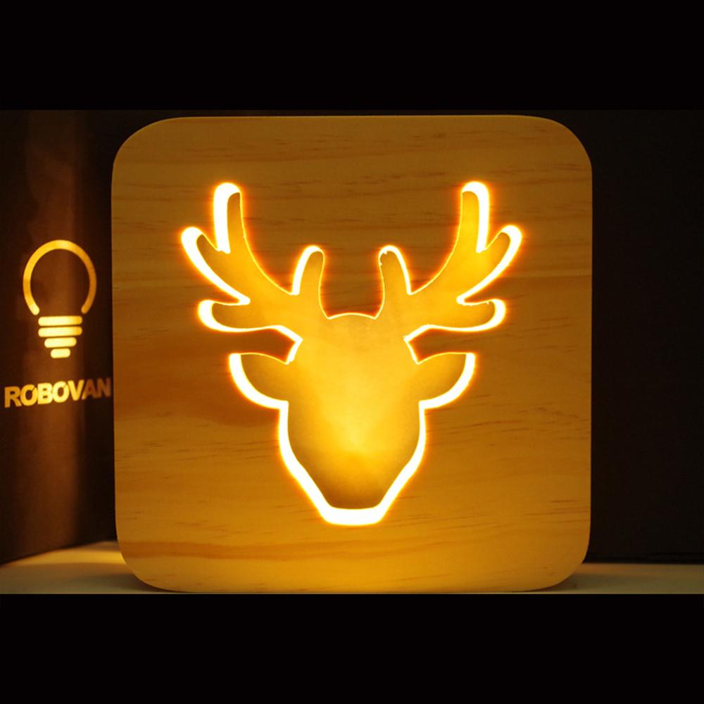 Wooden Night Lamp Elk Night Light Christmas Tree USB Led Light Warm White Lighting Wooden Kids Bedroom Lamp
