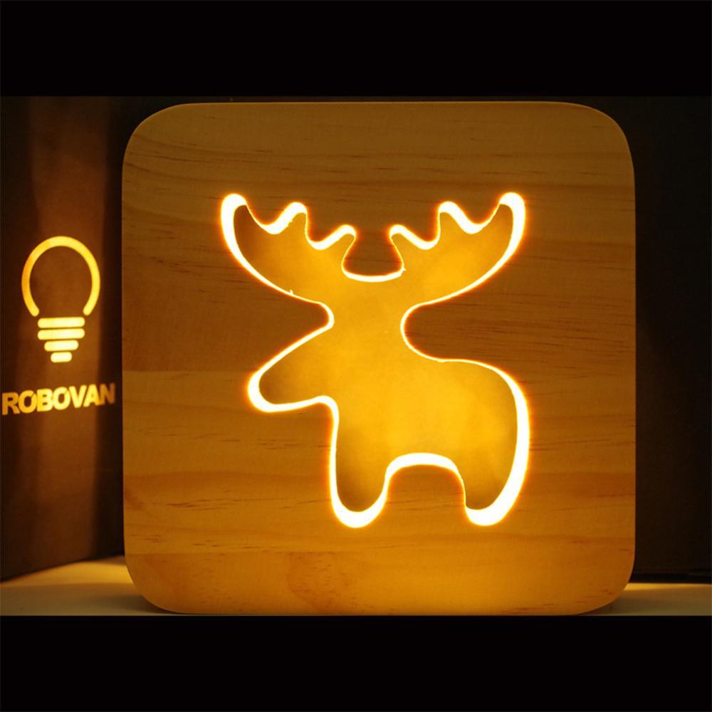 Wooden Night Lamp Elk Night Light Christmas Tree USB Led Light Warm White Lighting Wooden Kids Bedroom Lamp