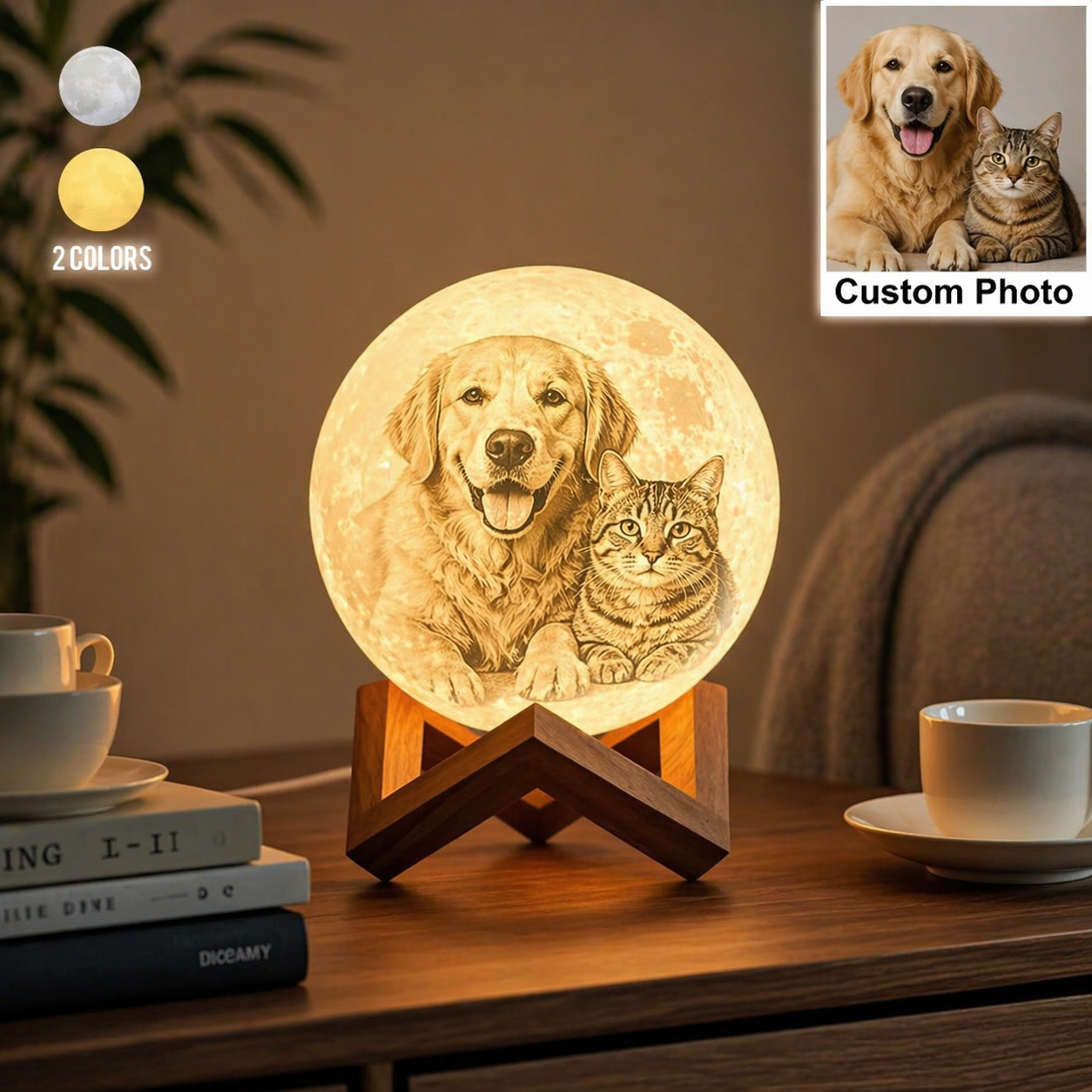 Gifts for Her Personalised 3D Printed Photo Moon Lamp UK, Engraved Lamp - Touch Two/Three Colors