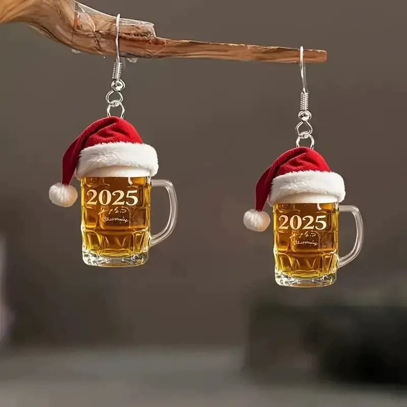 2025 Christmas Beer Mug Acrylic Earrings Santa Hat Beer Mug Acrylic Earrings - MyMoonLampUk