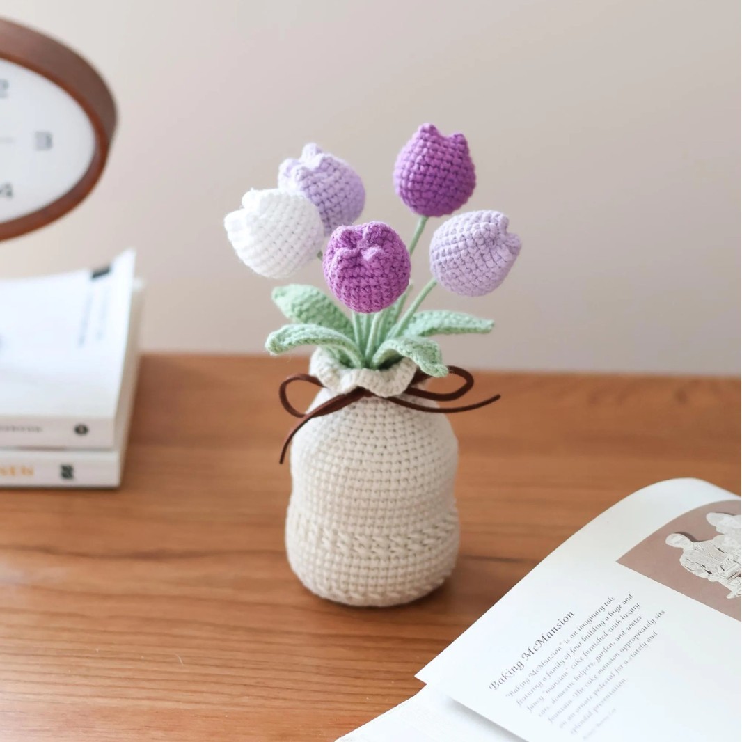 Handcrafted Tulip Crochet Pot Birthday Anniversary Gift for Friends and Family - MyMoonLampUk