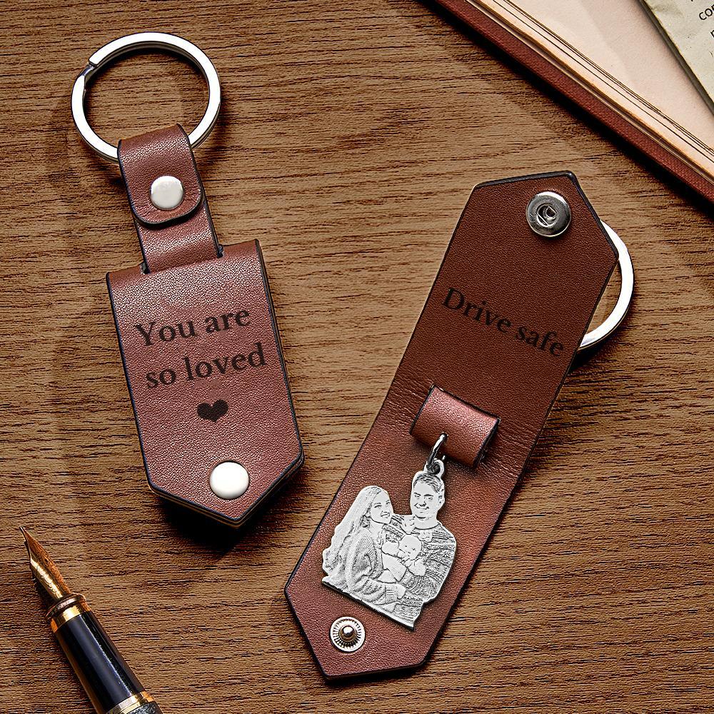 Custom Photo Leather Keychain With Text Annivesary Gifts For Men - mymoonlampuk