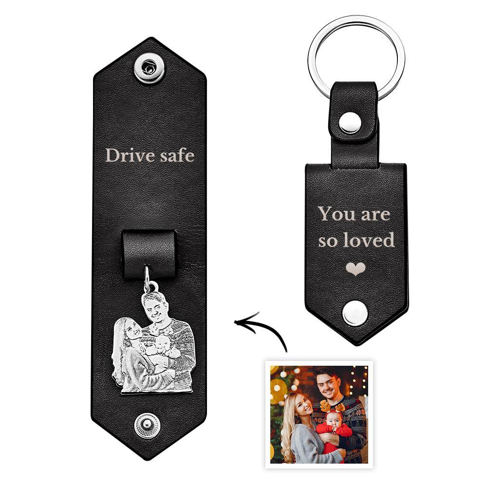 Custom Photo Leather Keychain With Text Annivesary Gifts For Men - mymoonlampuk