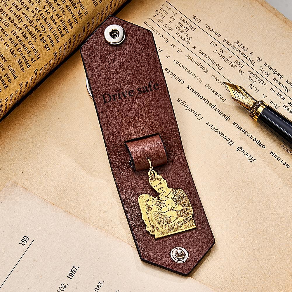 Custom Photo Leather Keychain With Text Annivesary Gifts For Men - mymoonlampuk