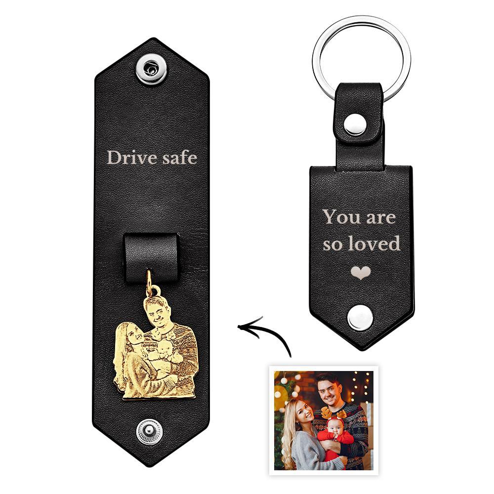 Custom Photo Leather Keychain With Text Annivesary Gifts For Men - mymoonlampuk