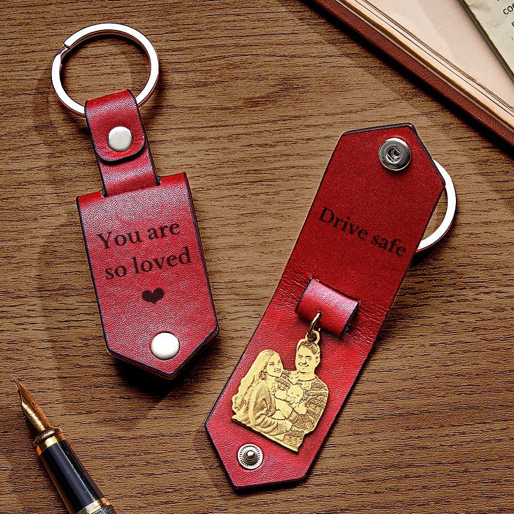 Custom Photo Leather Keychain With Text Annivesary Gifts For Men - mymoonlampuk