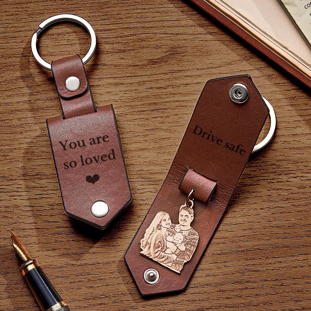 Custom Photo Leather Keychain With Text Annivesary Gifts For Men - mymoonlampuk