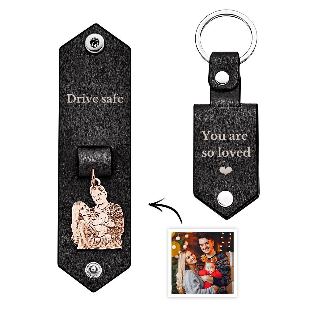 Custom Photo Leather Keychain With Text Annivesary Gifts For Men - mymoonlampuk