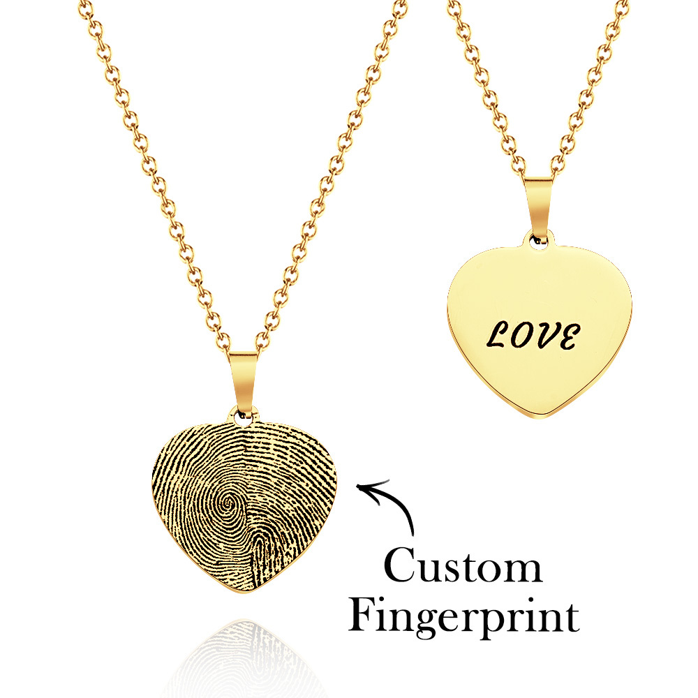 Custom Fingerprint Photo Necklace with Engraving Round Shape Custom Fingerprint Heart Jewelry 14K Gold Plated - MyMoonLampUk