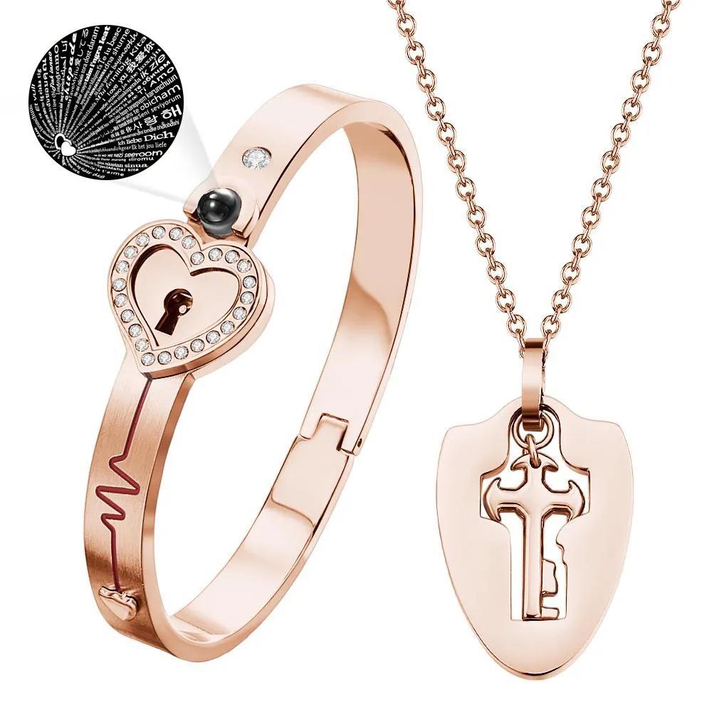 Custom Projection Couple Bracelets & Necklace Shield Key Pendant Necklace and Lock Bracelet You Hold the Key to My Heart Valentine's Day Gift - MyMoonLampUk