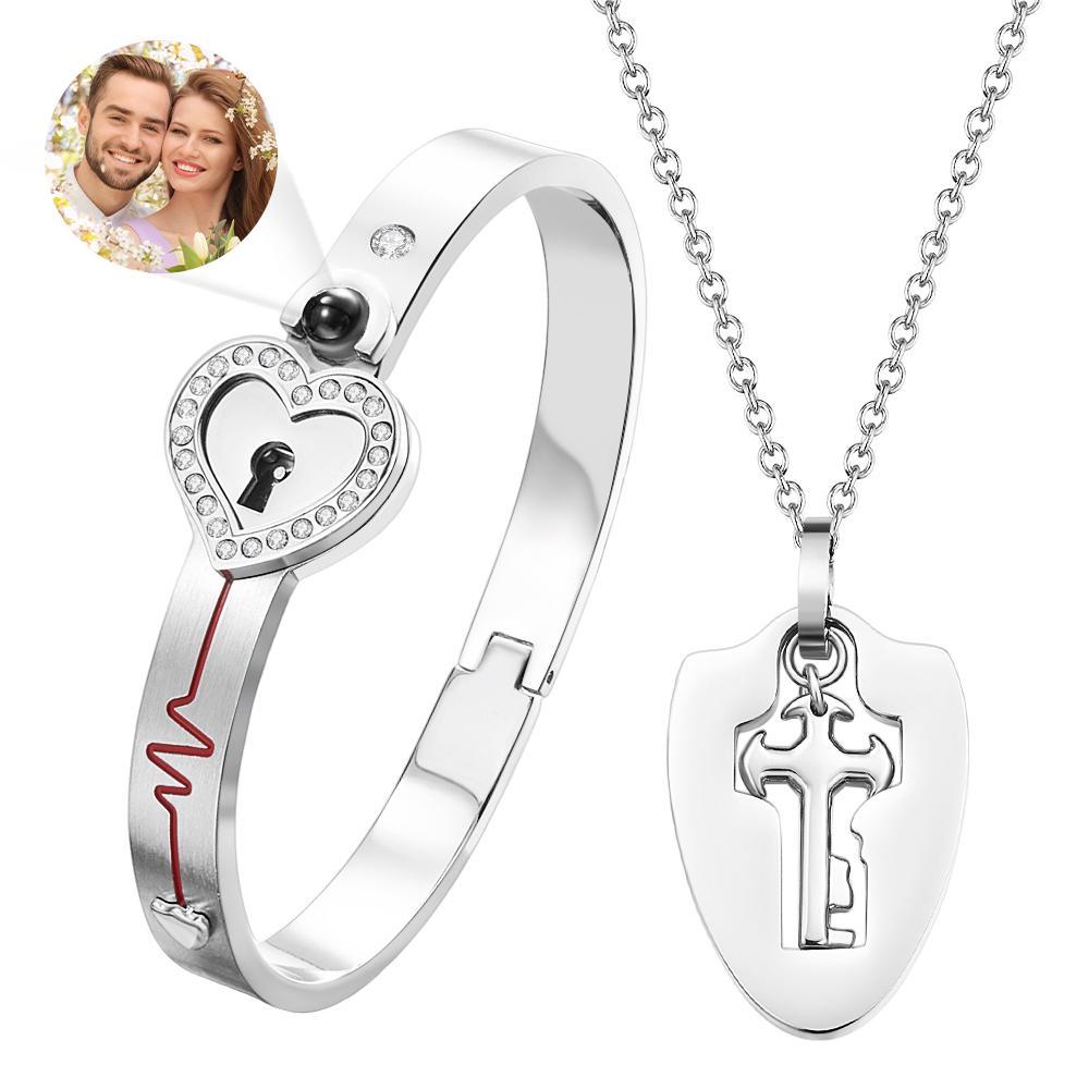 Custom Projection Couple Bracelets & Necklace Shield Key Pendant Necklace and Lock Bracelet You Hold the Key to My Heart Valentine's Day Gift - MyMoonLampUk