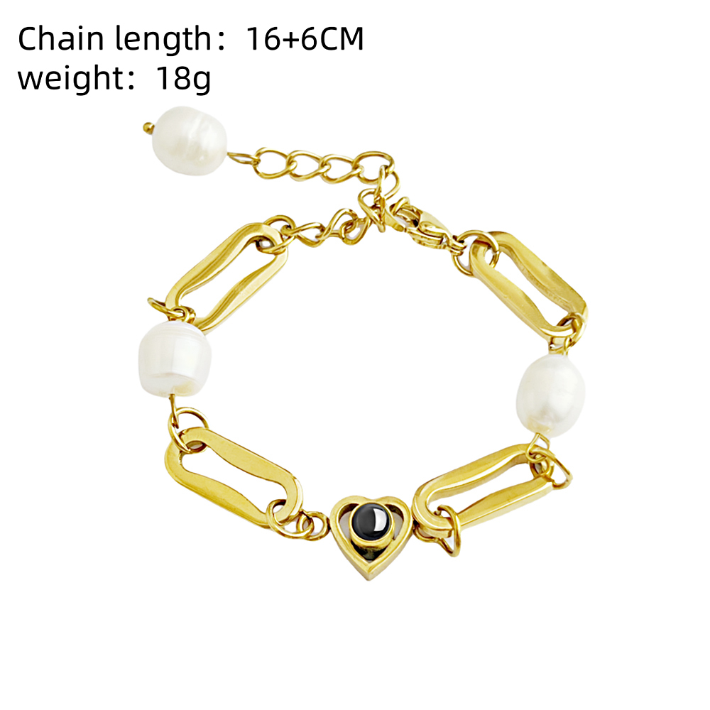 Custom Photo Projection Circle Heart Bracelet 18k Gold Plated Stainless Steel Cuban Link Freshwater Baroque Pearl Waterproof Bracelet Gift for Her - MyMoonLampUk