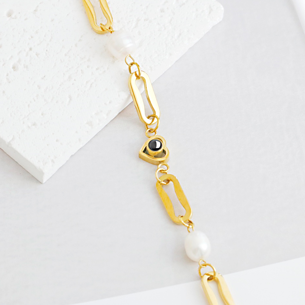 Custom Photo Projection Circle Heart Bracelet 18k Gold Plated Stainless Steel Cuban Link Freshwater Baroque Pearl Waterproof Bracelet Gift for Her - MyMoonLampUk